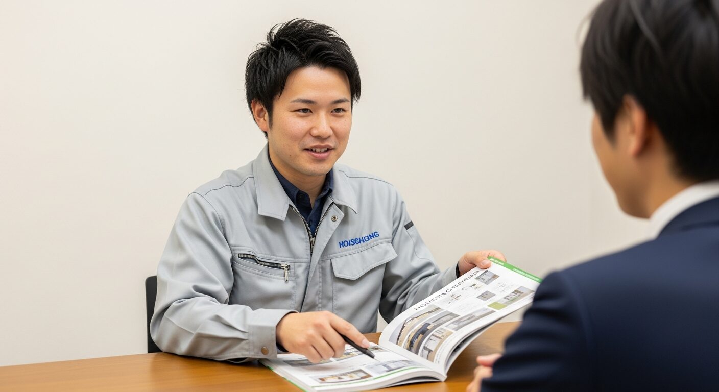 カタログを指差しながらお客様の顔を見て丁寧に説明する工務店の担当者