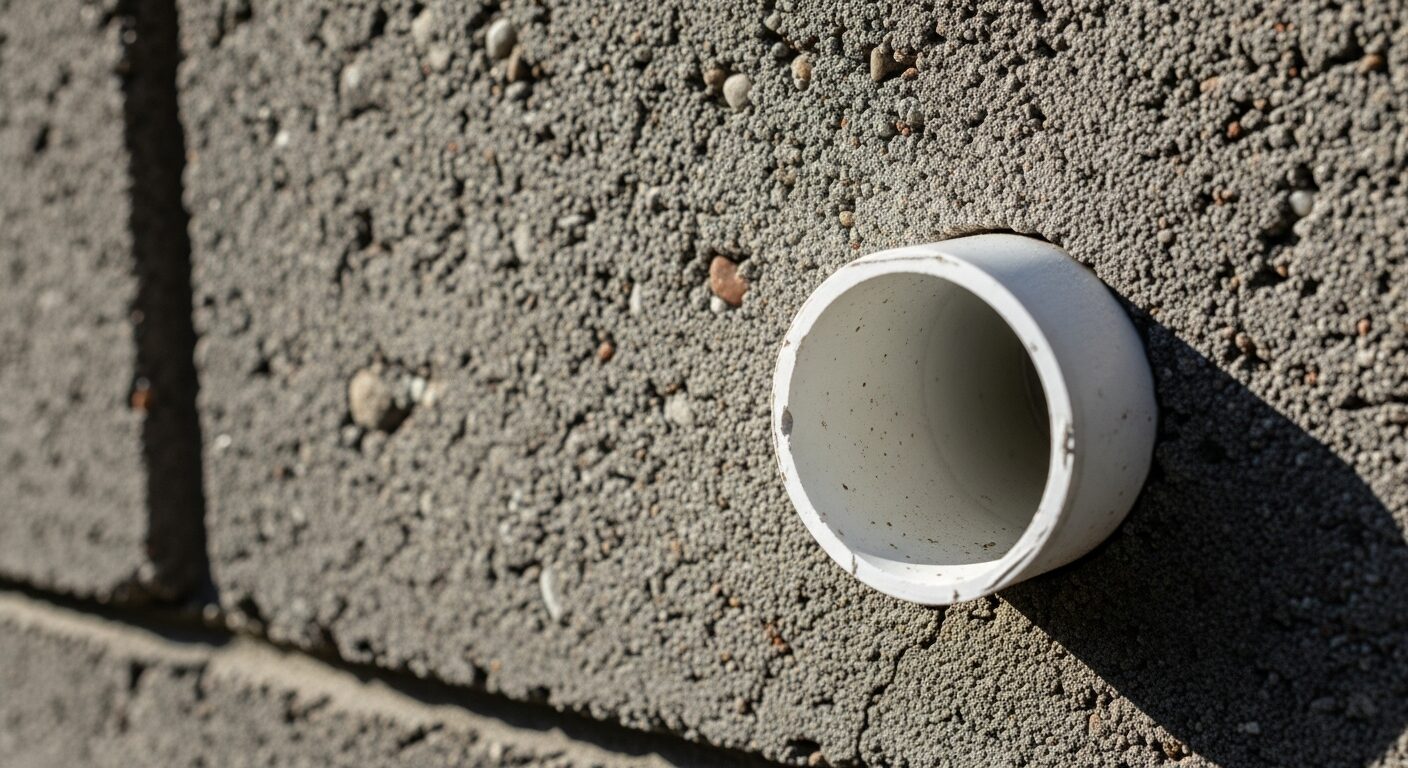 コンクリート擁壁に設置された水抜き穴(塩ビパイプ)の拡大写真。