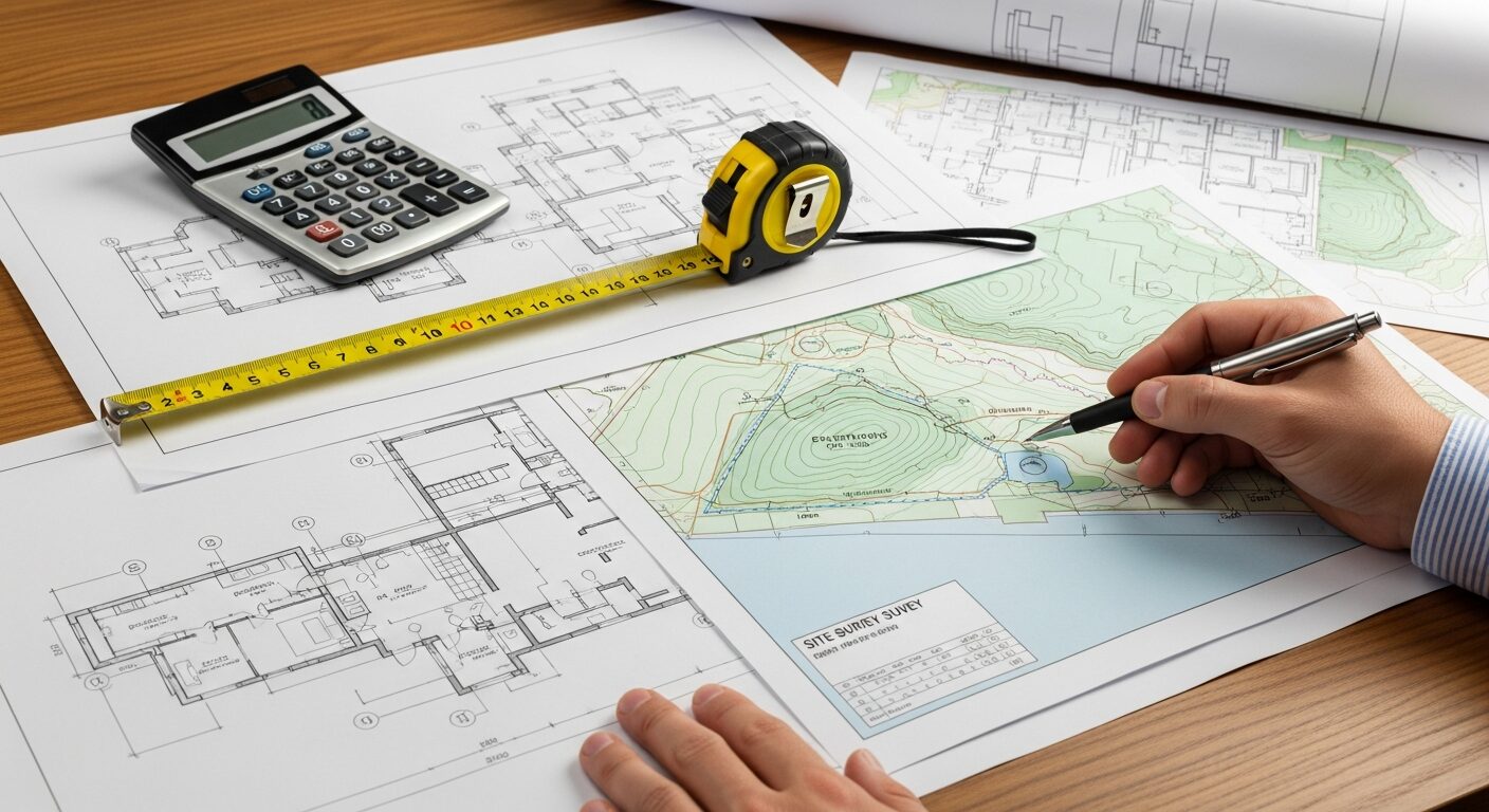 机の上に広げられた敷地図面と電卓。工務店によるプランニングと確認作業の様子。