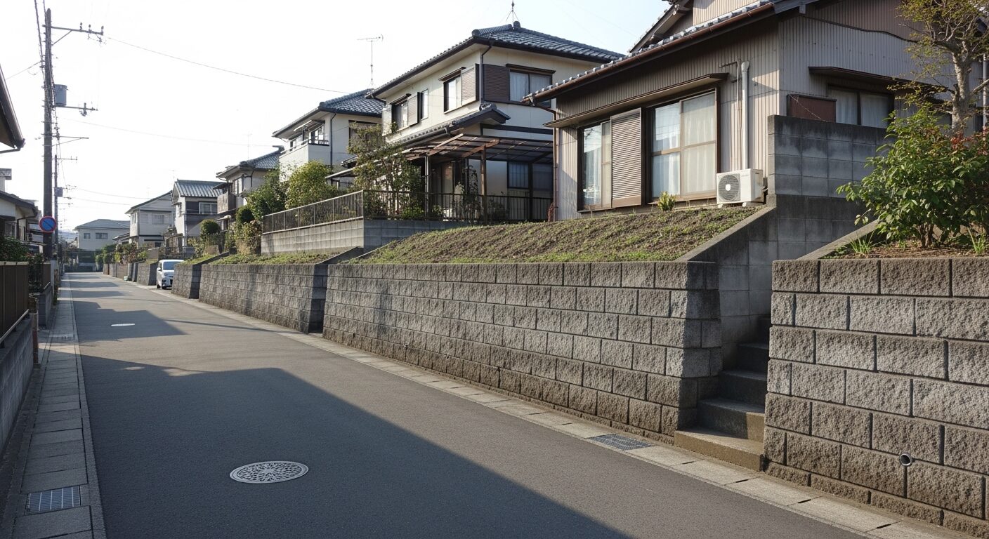 住宅街の道路沿いに連続して続く、高さ1.5メートルほどのコンクリートブロック擁壁。