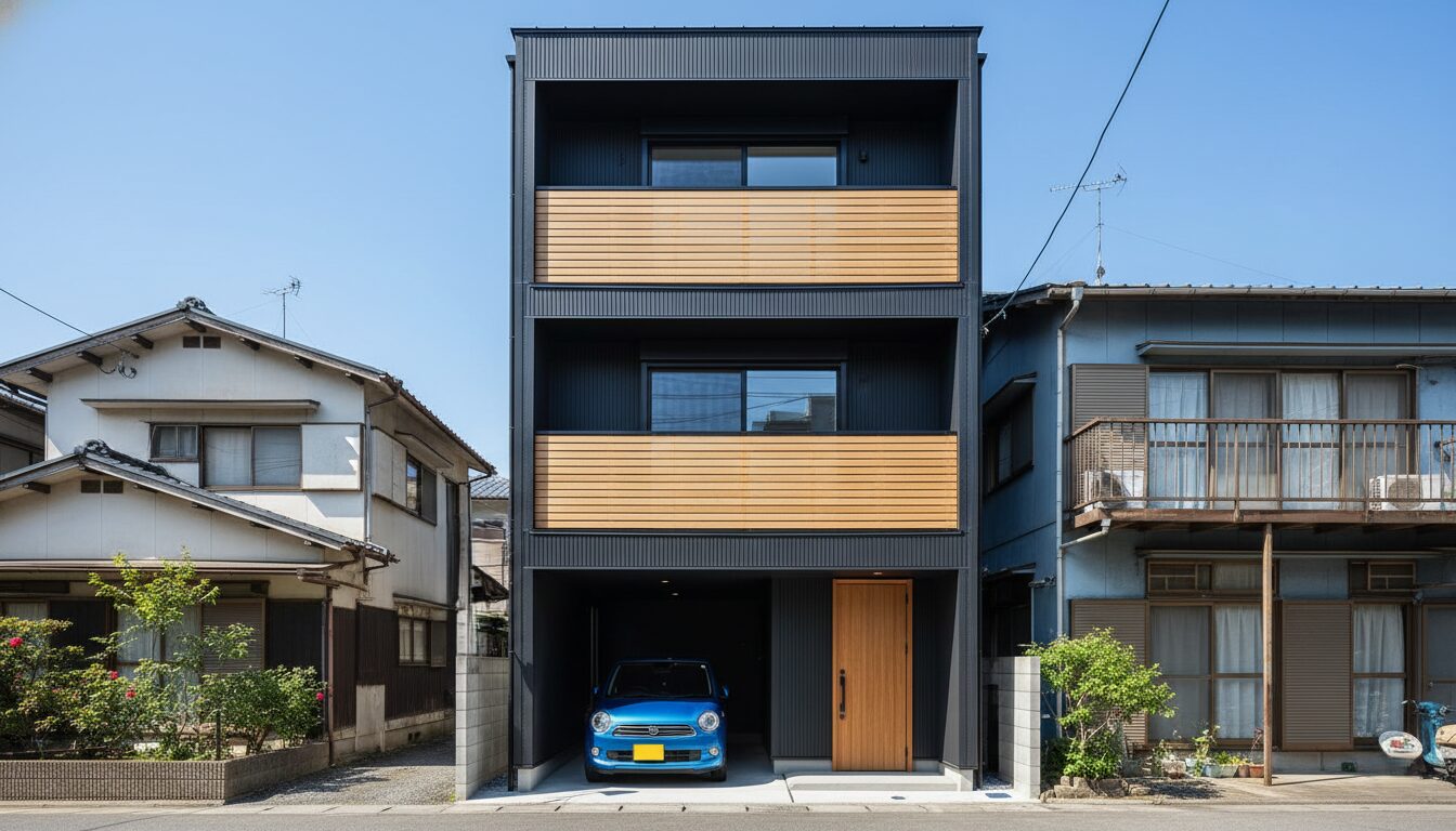 間口いっぱいにガレージと玄関を配置した、黒い外壁の3階建て狭小住宅の外観