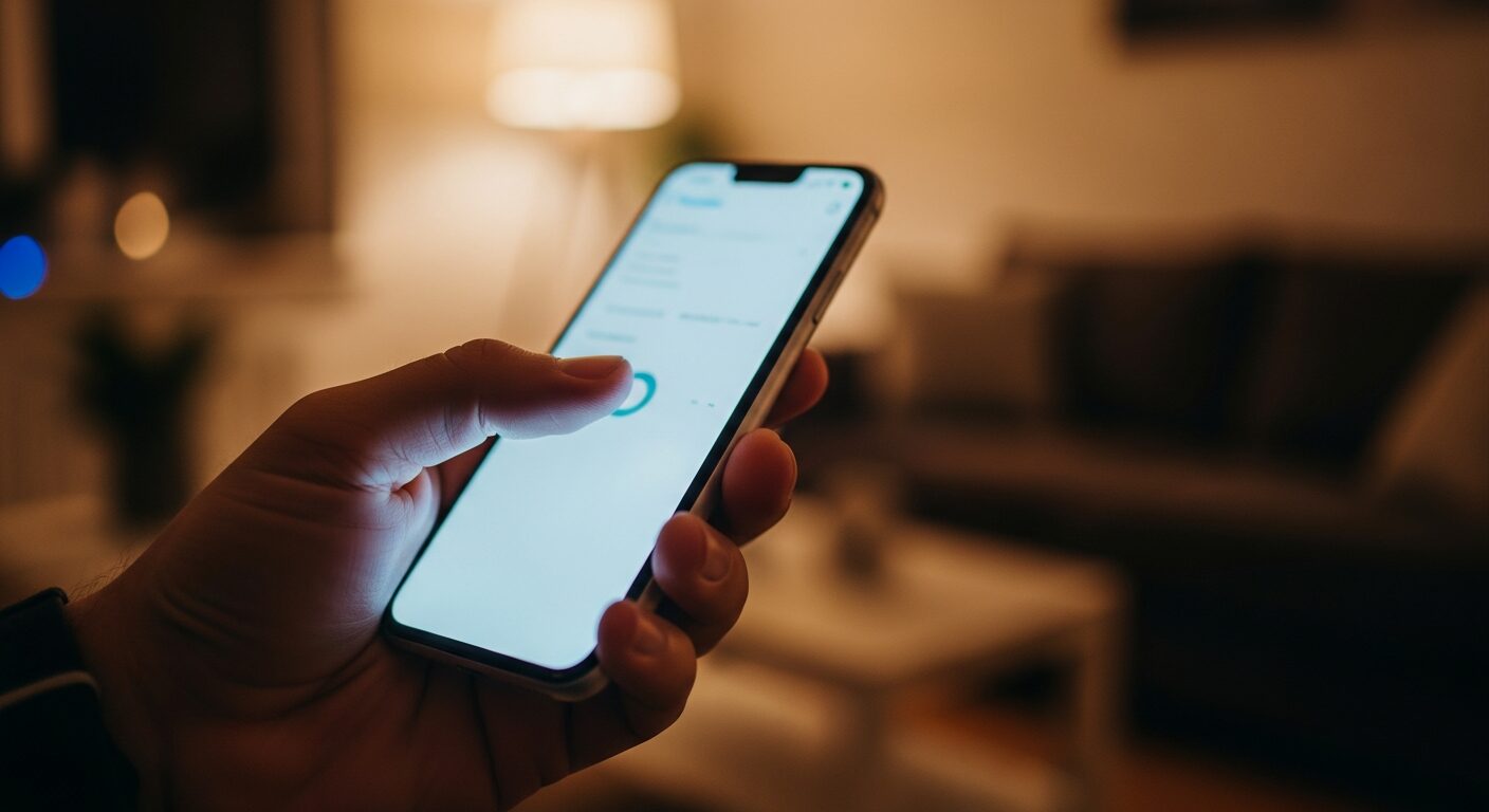 リビングでスマートフォンを操作し、スマート電球の明るさや色を調整している様子。手元のアプリ操作で部屋の雰囲気が変わるIoTの暮らし。