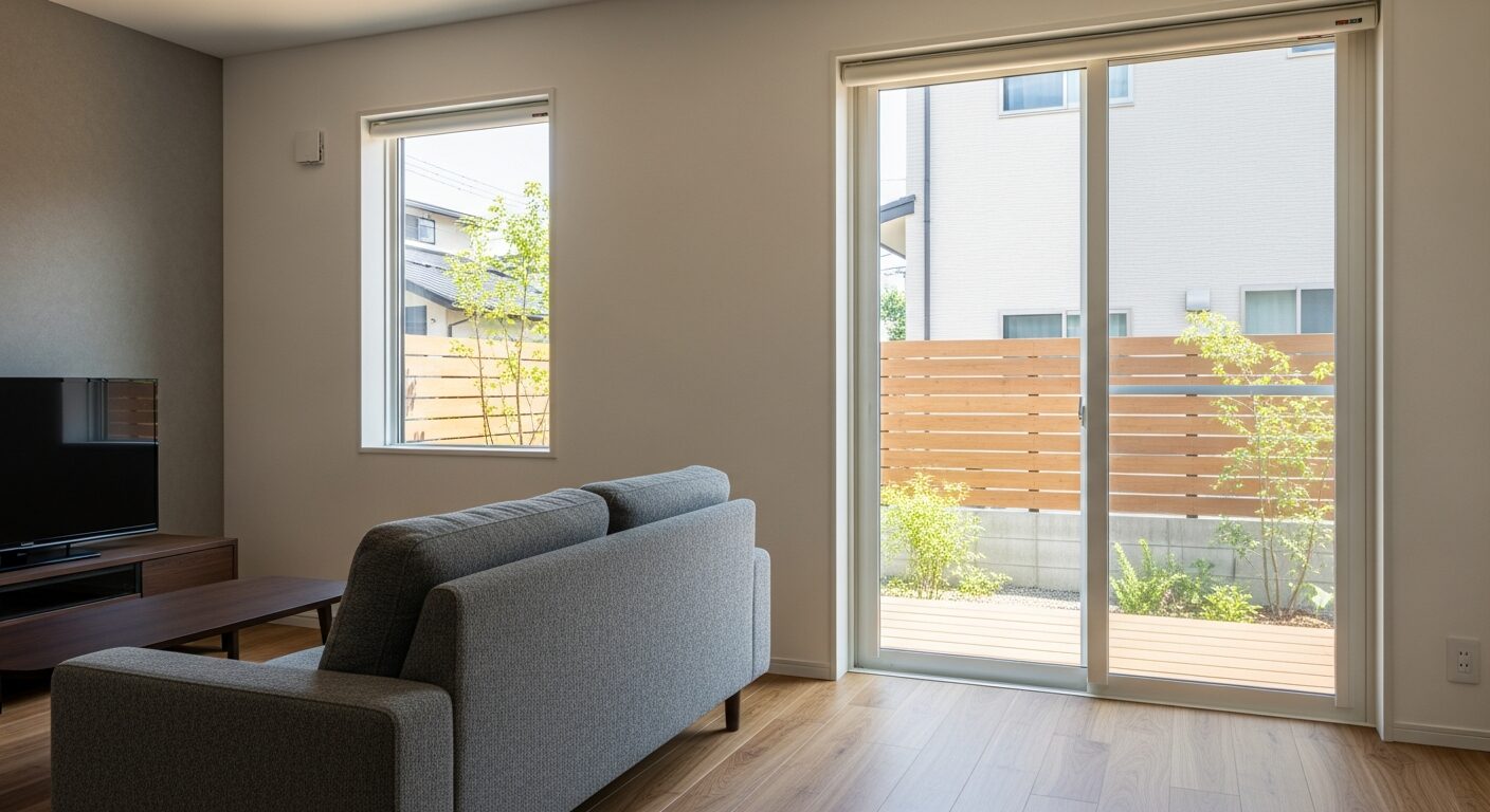 標準的な掃き出し窓からウッドデッキへつながるリビング。家具配置を工夫し、日常のくつろぎと自然とのつながりを両立した間取り