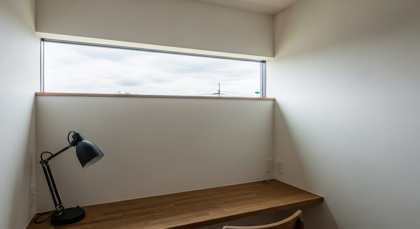 高窓(ハイサイドライト)から空と緑を感じる書斎。直射日光を避けつつ自然を取り入れる、集中力アップに適した窓配置