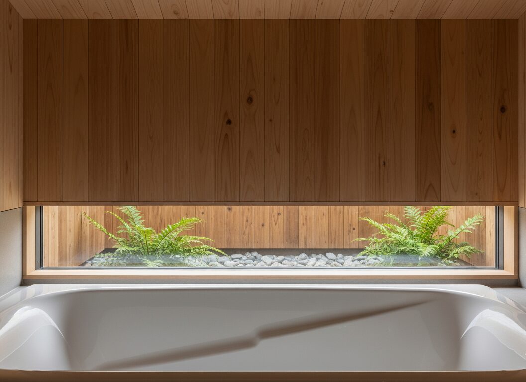 木製フェンスでプライバシーを守りつつ緑を楽しむ浴室。システムバスでも実現可能な、シンプルでモダンな坪庭のあるバスルーム