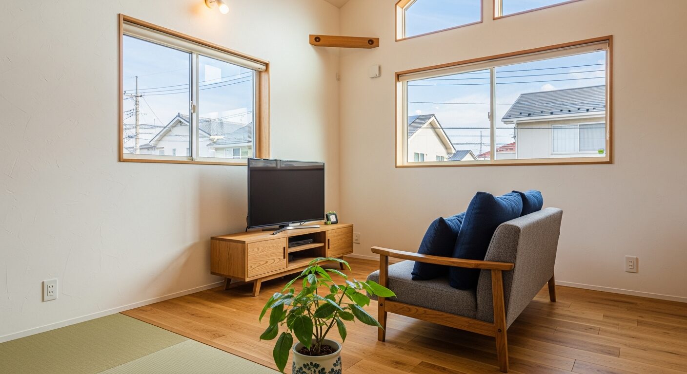 明るい日差しが入り、プライバシーを守りながら開放感を両立した2階リビングの内装。