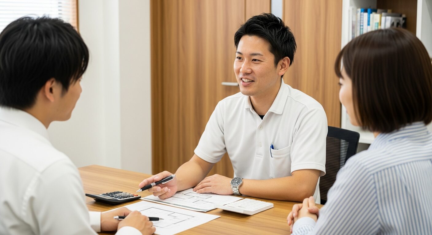 工務店の担当者に家づくりの相談をする夫婦、図面や電卓を置いて具体的な話をしている様子