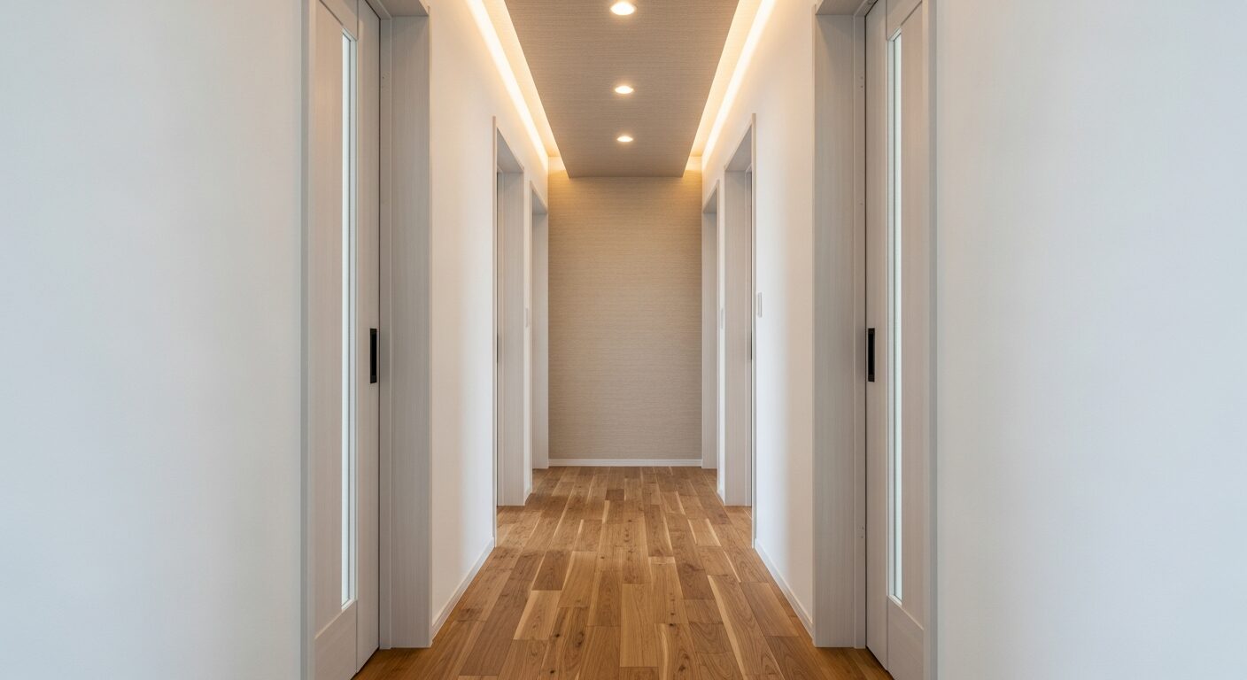 新築住宅の廊下施工例。天井の中央に一列に配置されたダウンライトが、木目の床と白い建具を明るく照らし、奥行きのある空間を演出している。