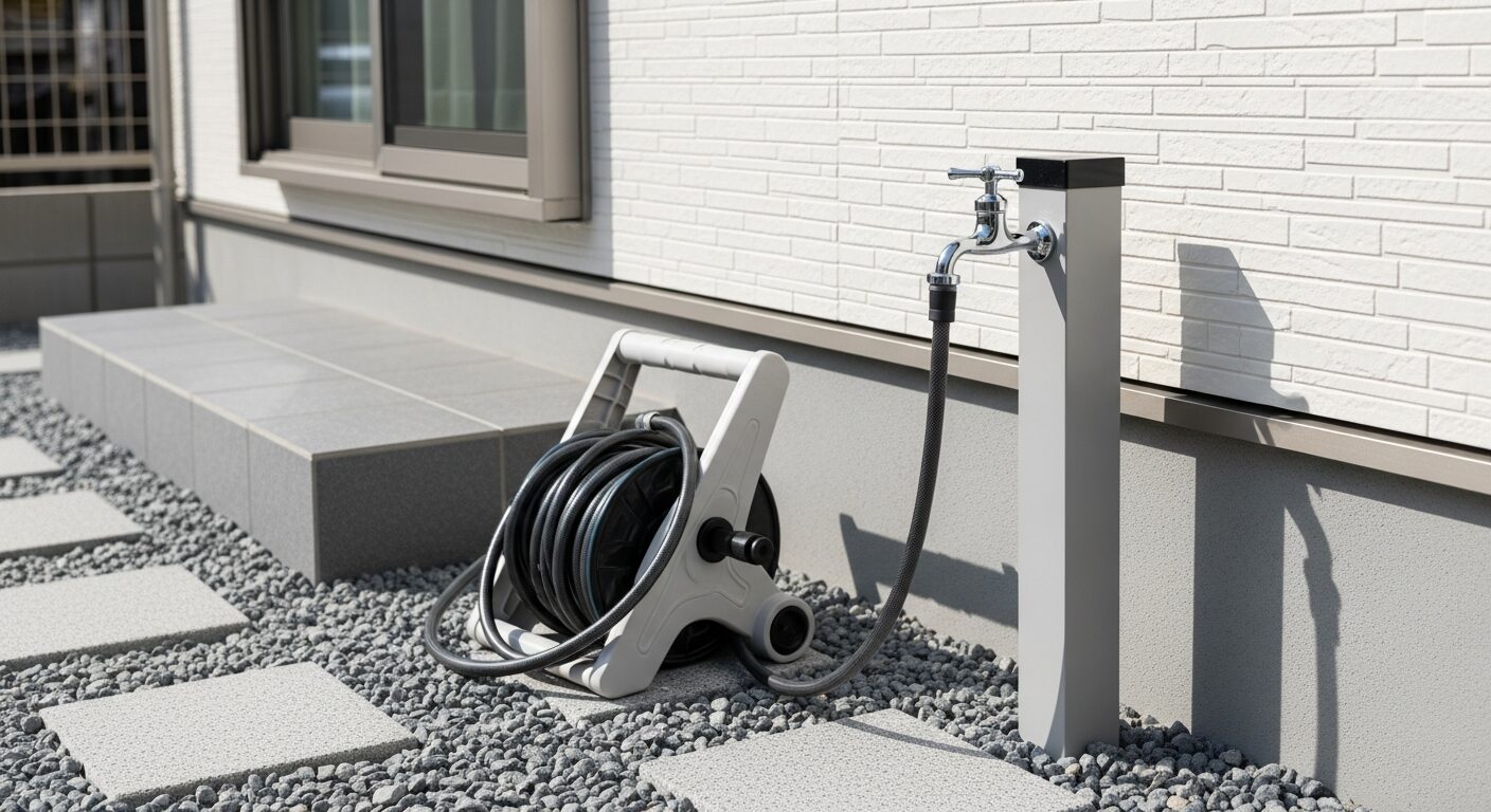 塩害対策のメンテナンスを楽にするために配置された、モダンなデザインの外部水栓とホース