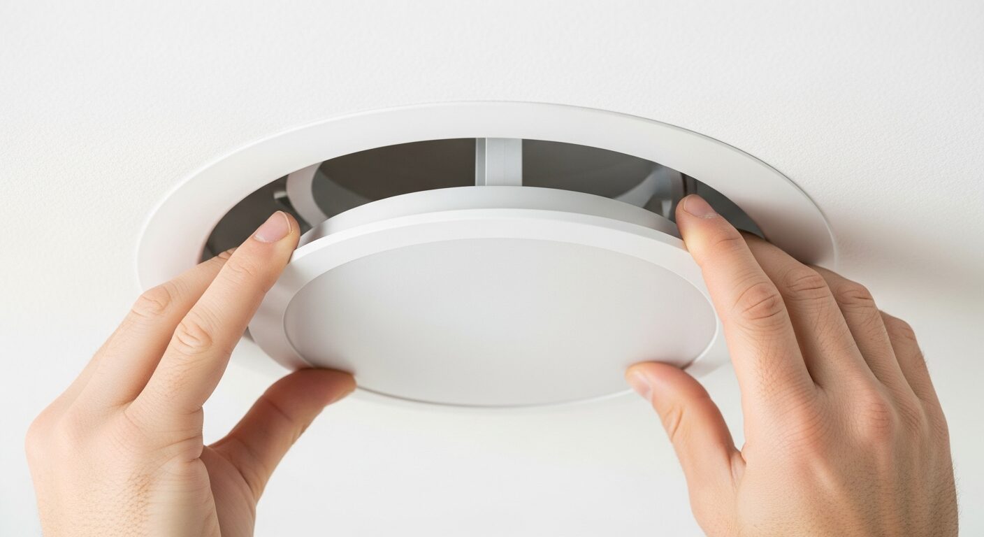 最新の交換型LEDダウンライト。フラットなランプユニットをカチッとはめるだけで、誰でも簡単に交換できる様子。