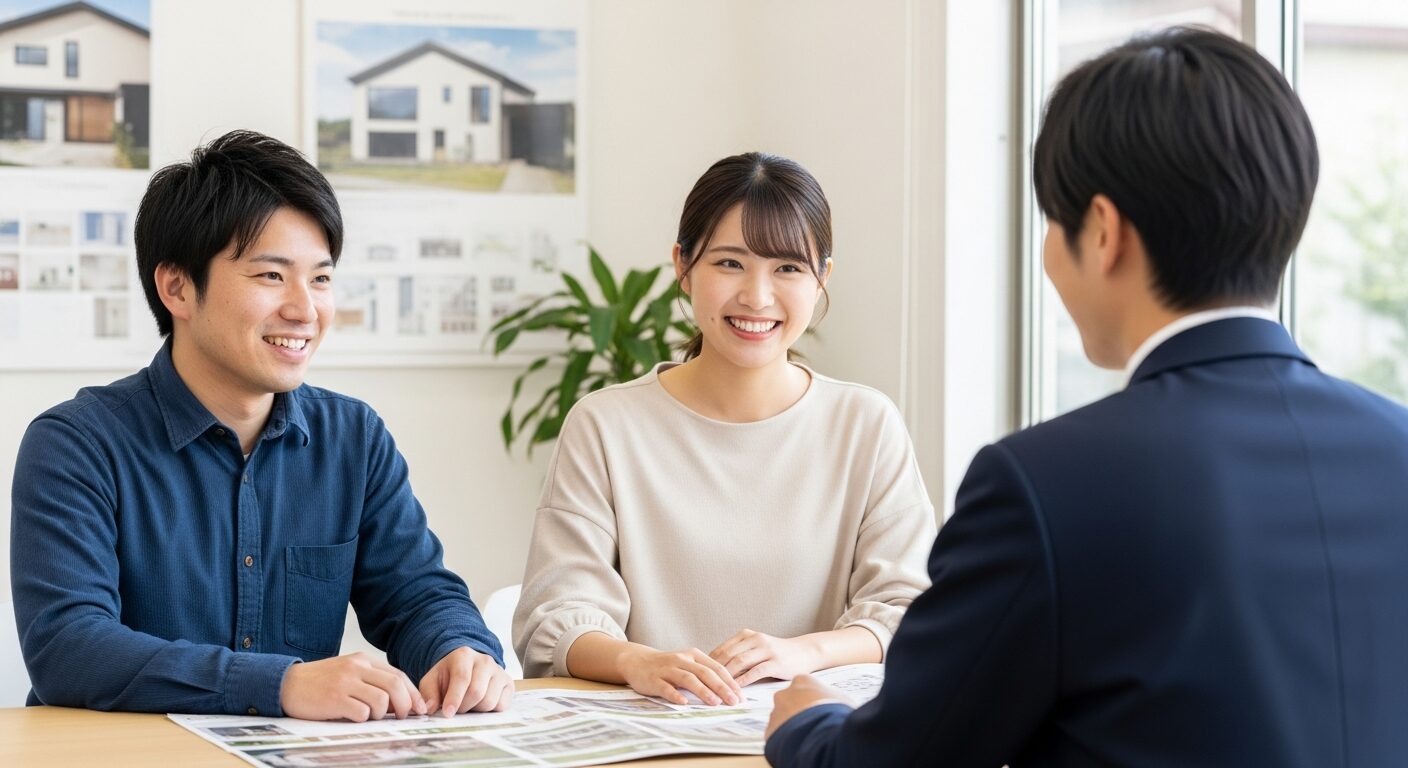 工務店の担当者に照明計画や家づくりについて相談している夫婦。将来のメンテナンスや費用についてもプロのアドバイスを受けている様子。