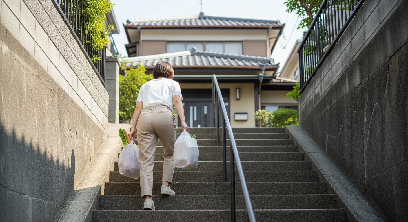 重い買い物袋を抱え、道路から玄関まで続く10段ほどの階段を上る日常の様子。