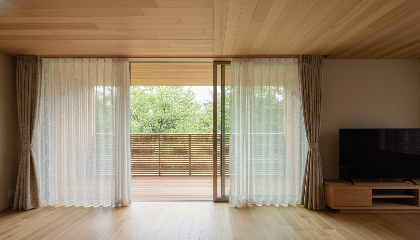 レースカーテン越しに見る、リビングの天井と床がバルコニーまでフラットに繋がる開放的な空間