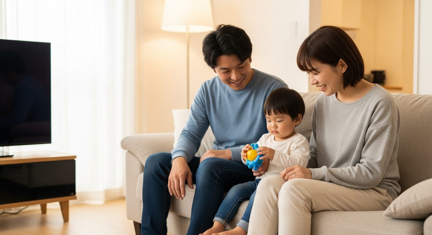 快適なリビングのソファでくつろぐ父親、母親、子供の3人家族の幸せな休日