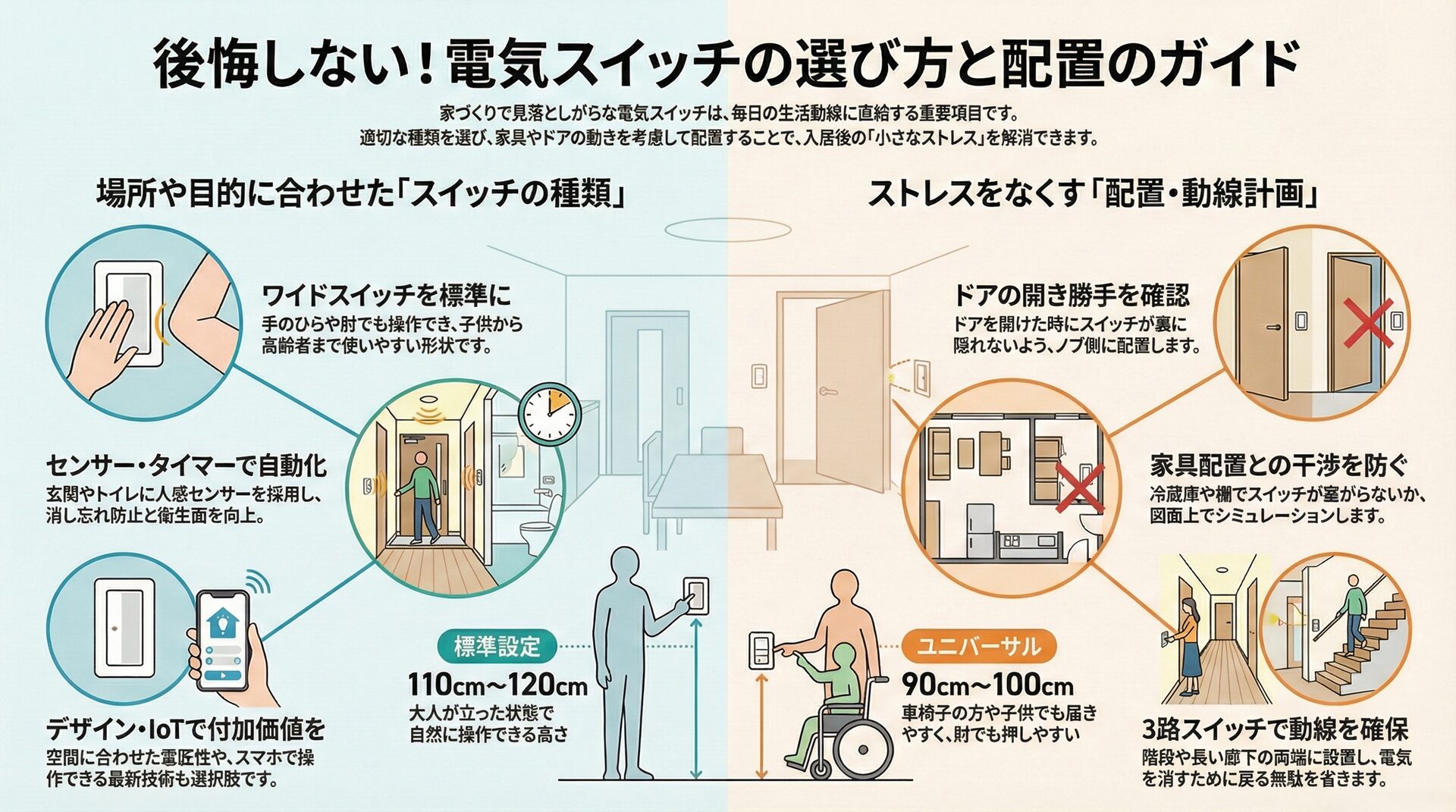 電気スイッチの選び方と配置計画のガイド。ワイドスイッチや人感センサーなどの種類紹介と、ドアの開き勝手、家具配置、スイッチの高さ(標準110-120cm、ユニバーサル90-100cm)などの動線計画における失敗を防ぐポイントをまとめた図解。