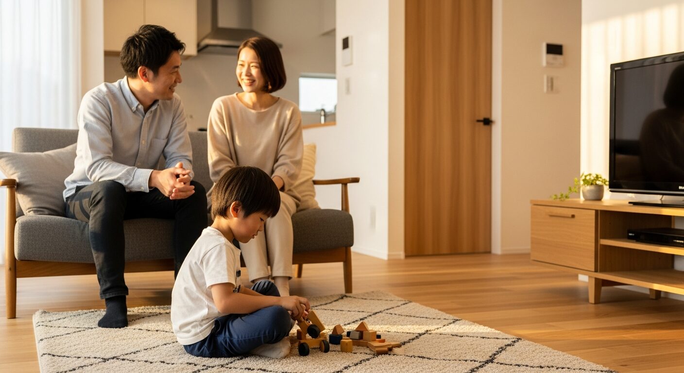 金沢区の2階リビングで、夕方の家族団らんを楽しむ幸せな日常の風景。