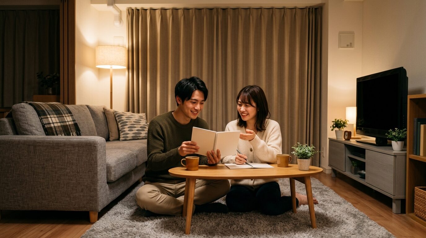夜の暖かいリビングで光熱費や将来の資金計画について話し合う夫婦