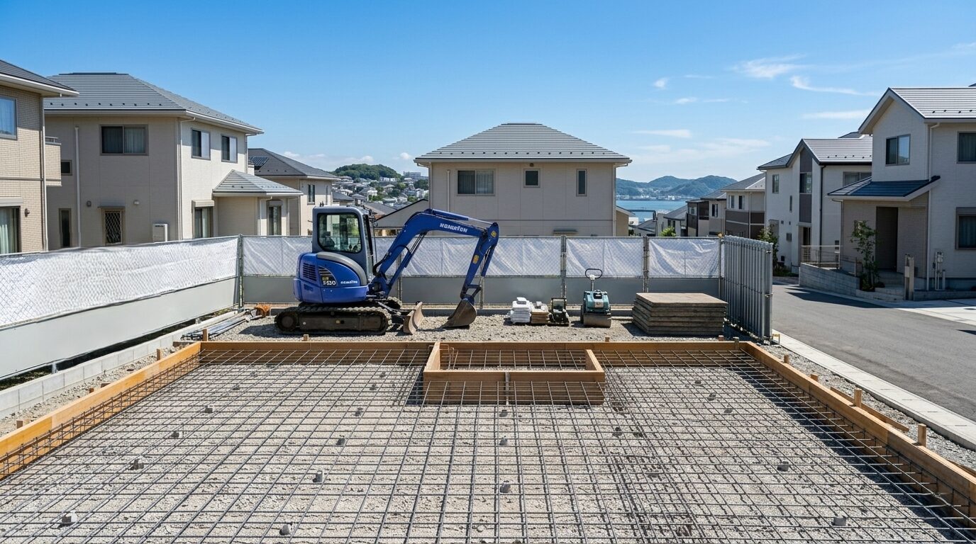 横浜の住宅地で適切に実施されている地盤改良工事と基礎工事の現場風景