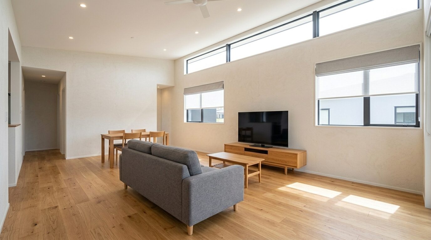 無垢材フローリングと日射取得・風通しを計算したパッシブデザインの明るいリビング