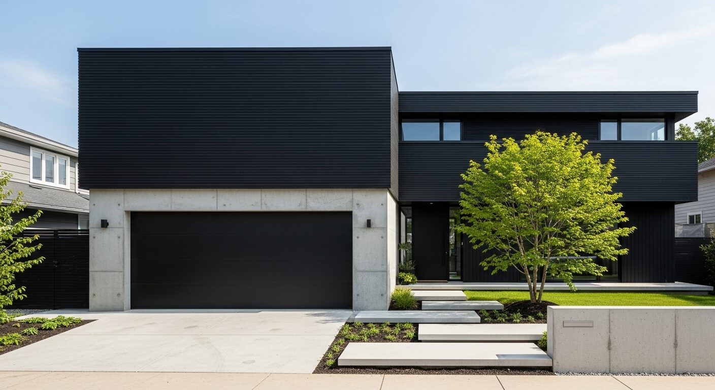 コンクリート打ち放しのガレージとダークカラーの外壁を組み合わせ、植栽で彩りを添えたスタイリッシュな混構造の注文住宅