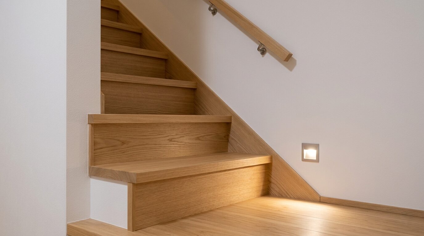 安全対策として設置された、リビング階段の握りやすい手すりと足元を優しく照らすフットライト