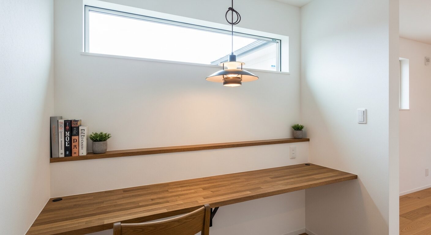 注文住宅のリビング一角に設けられたシンプルな造作スタディコーナーと、明るい高窓