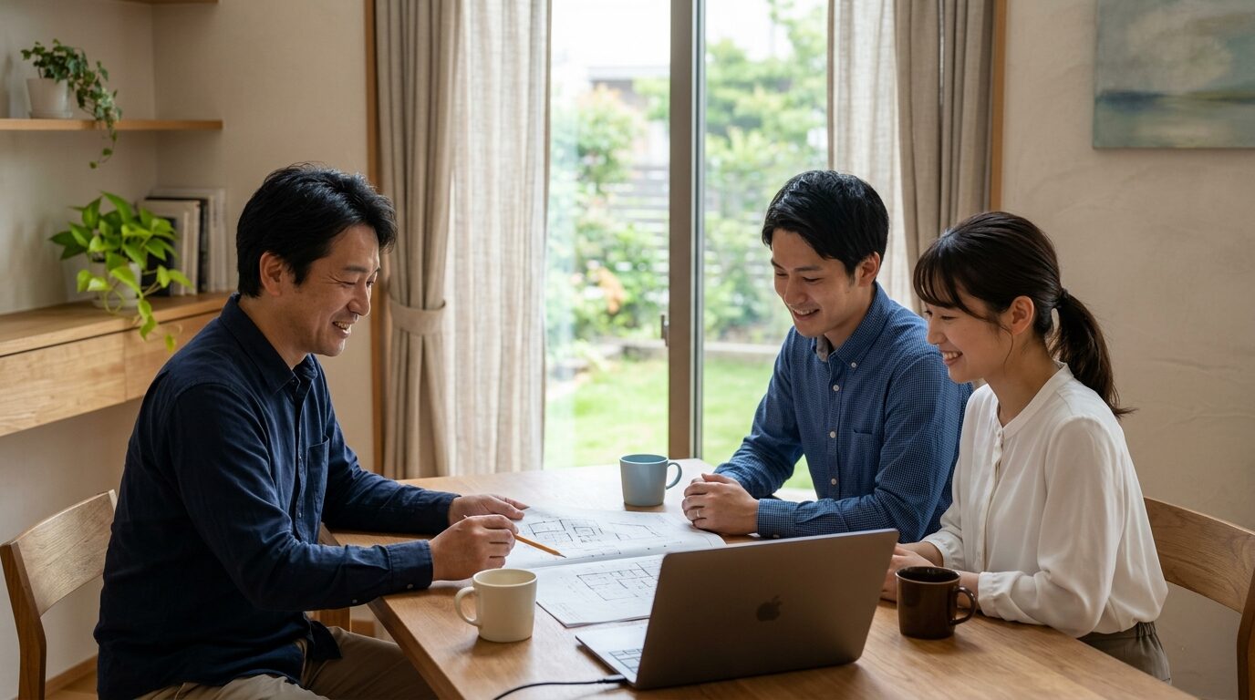 断熱性能と建築費用について設計士と笑顔で打ち合わせをする夫婦