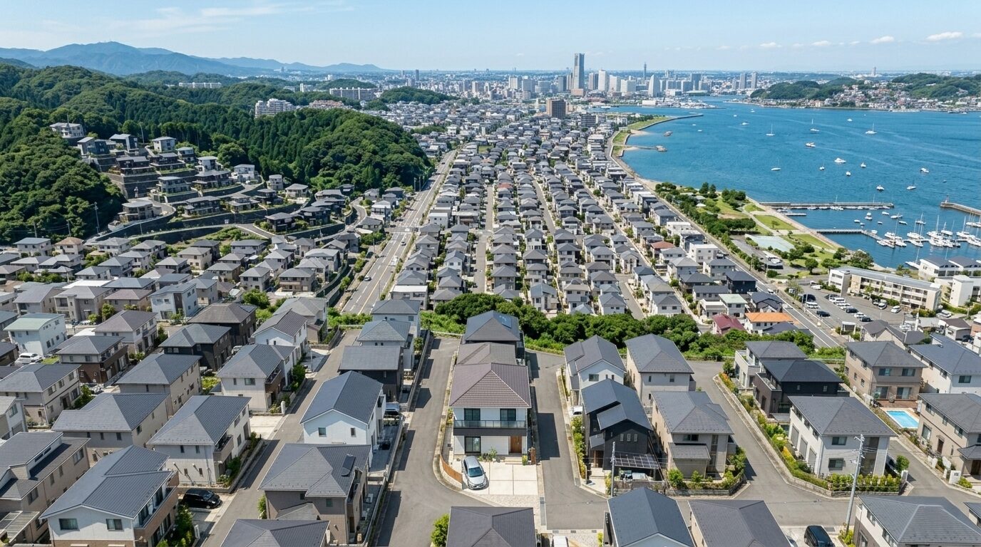 横浜市金沢区の埋立地から丘陵地までが混在する地形と住宅街の風景イメージ