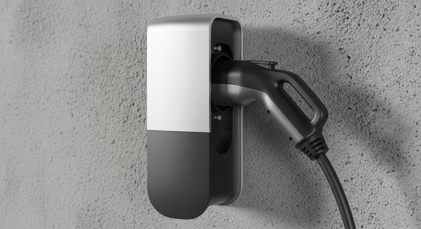 ビルトインガレージの壁面に設置された、一般的で実用的なデザインのEV充電用コンセントと充電プラグ