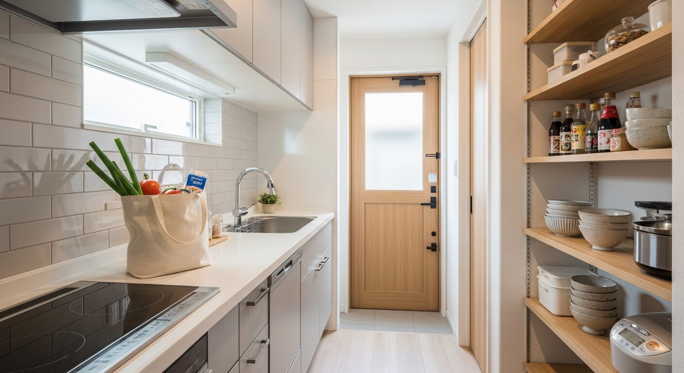 ガレージからパントリー、キッチンへと繋がり、買い物帰りの荷物運びが楽になる家事動線を意識した間取り