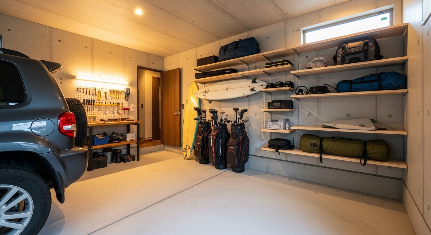 キャンプ用品やサーフボードが壁面に収納された、趣味部屋としても活用できるビルトインガレージの内部