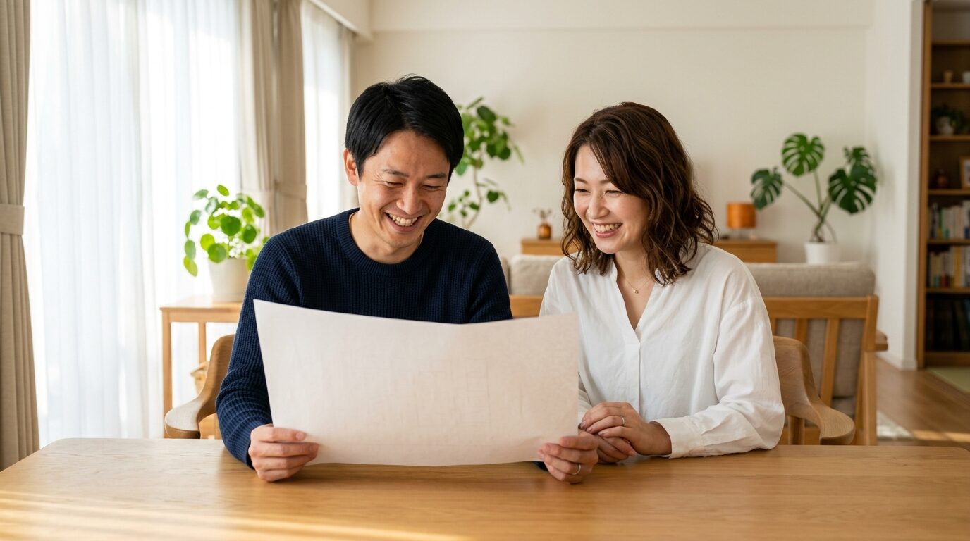 不安が解消し、ダイニングテーブルで家づくりの図面を広げて笑顔で話し合う夫婦