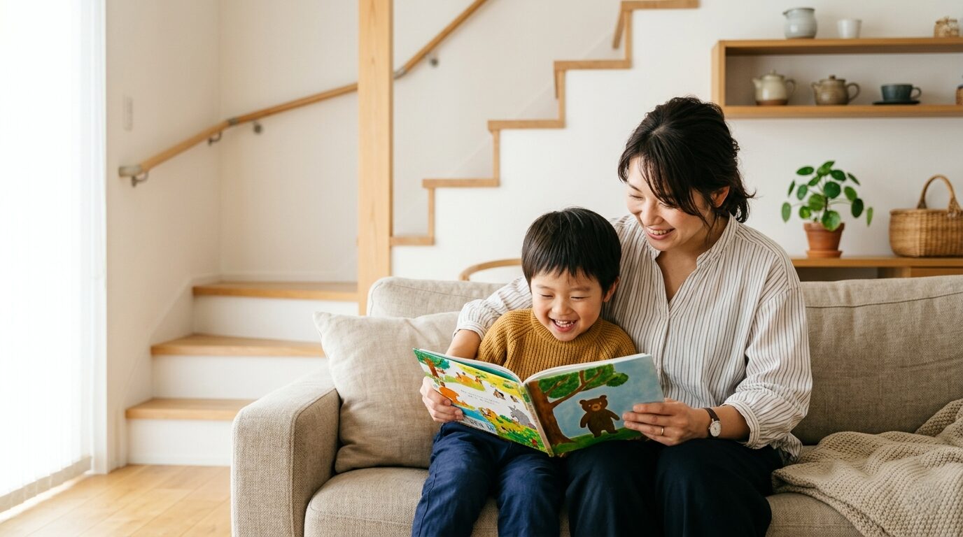 リビングのソファで絵本を読む親子の背景に、木製のリビング階段が見える温かい日常風景