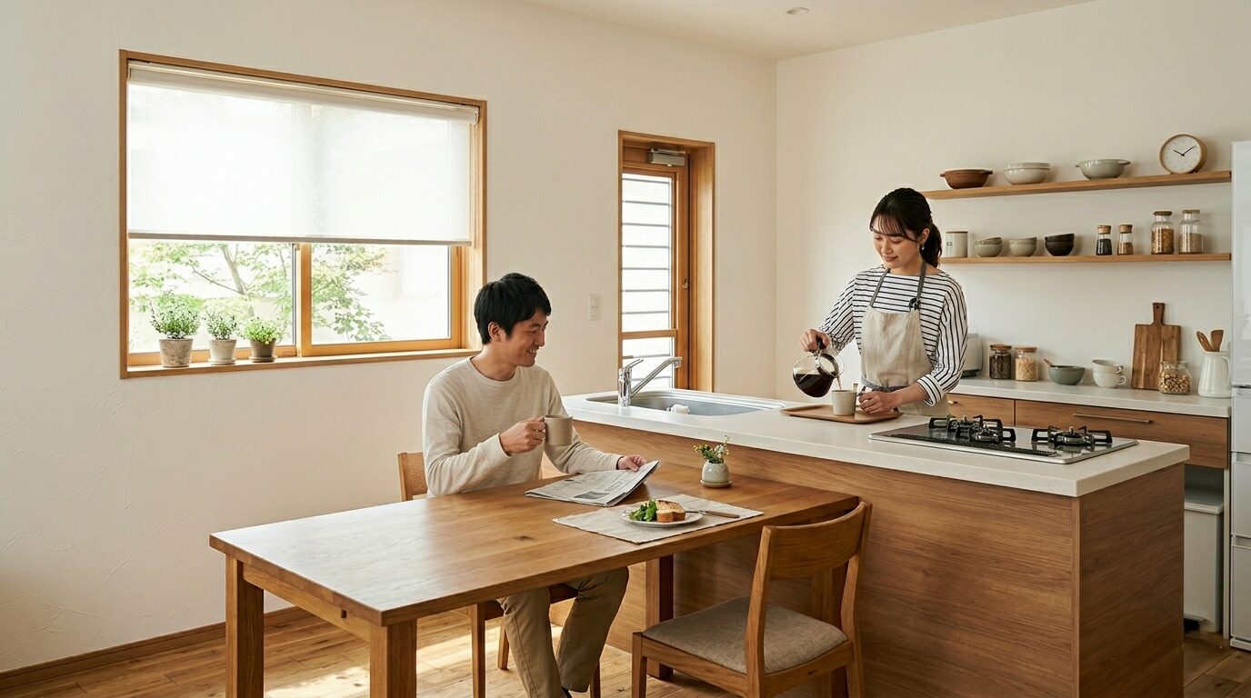 冬の朝でも室温が保たれた快適な対面式キッチンのあるダイニングで過ごす夫婦