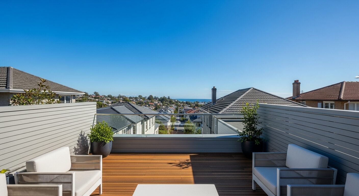 坂の下側の眺望を活かし、プライバシーフェンスで視線を遮りつつ開放感を味わえる、リビング続きのガレージ上ウッドデッキ