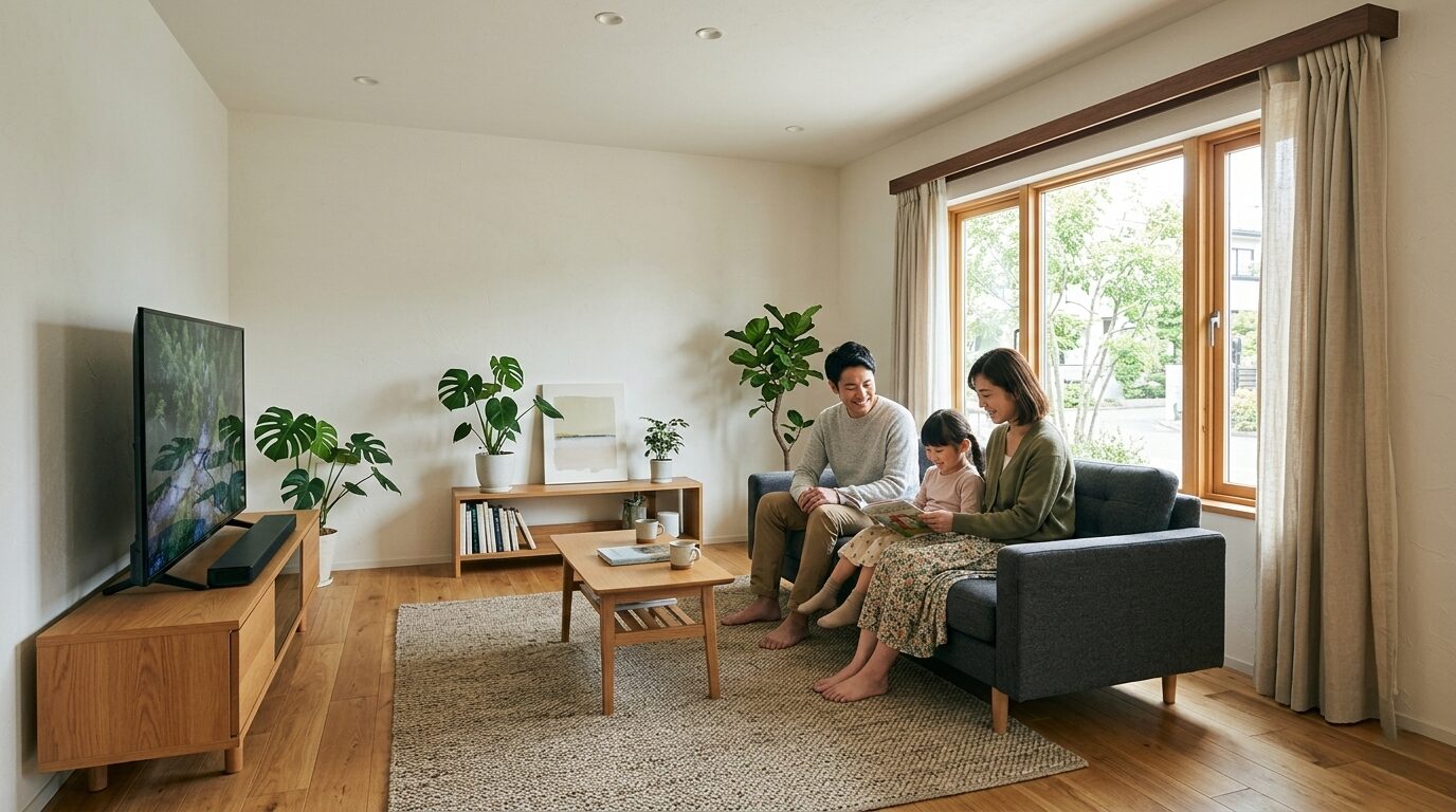 無垢材フローリングが敷かれた断熱気密性能の高いモダンリビングでくつろぐ家族