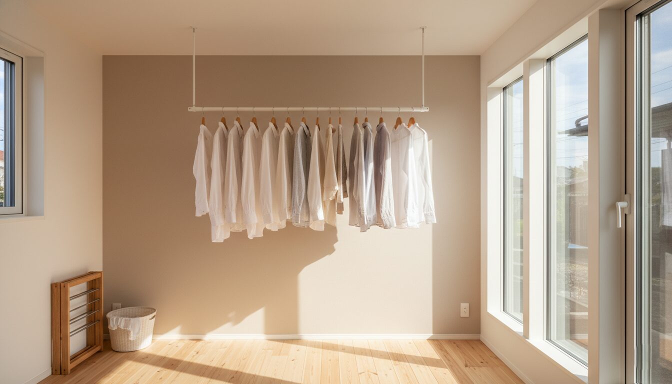 たくさんの洗濯物を一度に干せる、長い物干し竿と無垢床を採用した実用的な室内干しスペース