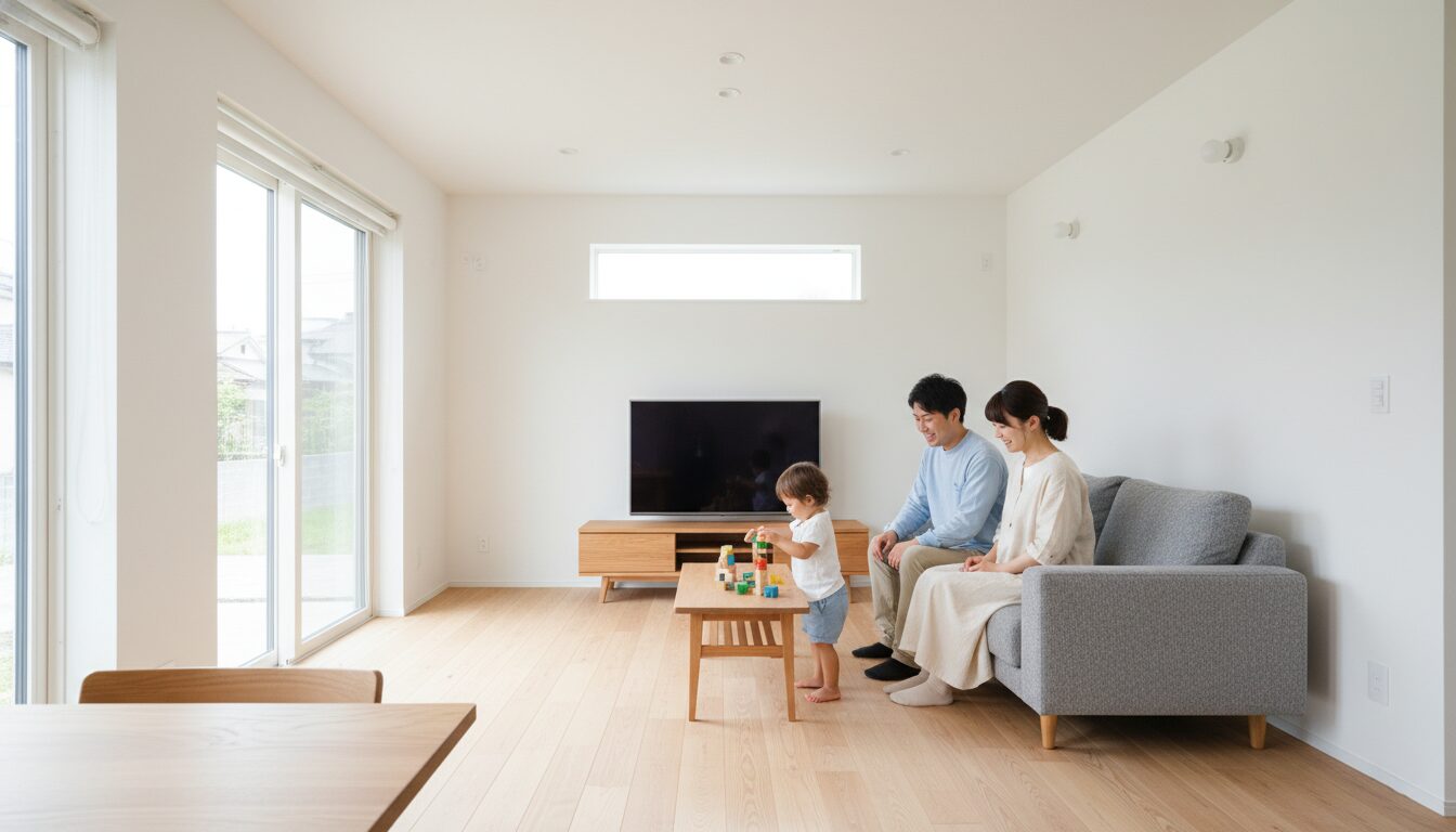 全館空調で心地よい空気が流れる、無垢床と漆喰壁を採用した20畳のLDK