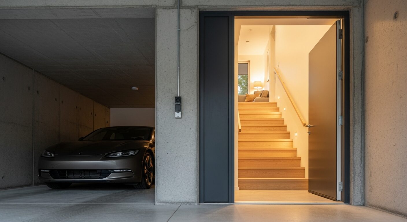 ビルトインガレージから室内へ直接アクセスできる内階段。上下の空間を繋ぎ、敷地を有効活用する設計