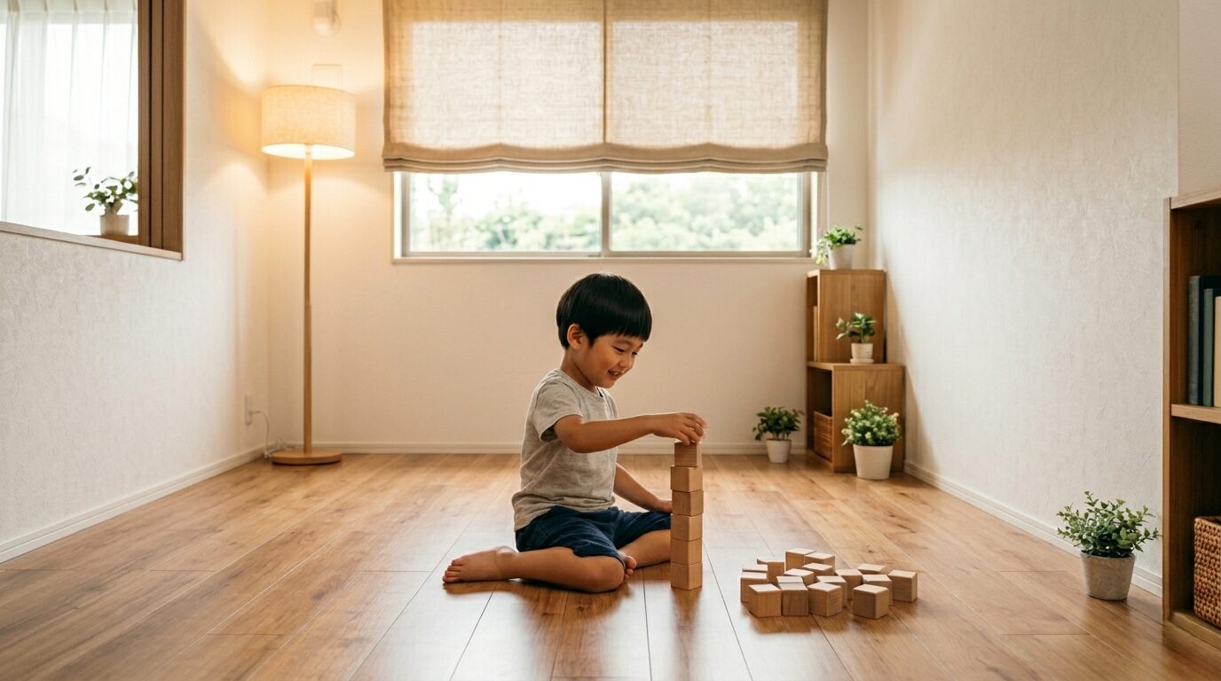 無垢材のフローリングが心地よいリビングで遊ぶ子どもと自然光