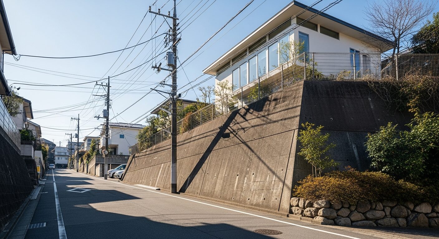 横浜市金沢区周辺に見られる、坂道と古い擁壁のある住宅地の風景。高低差のある土地のイメージ
