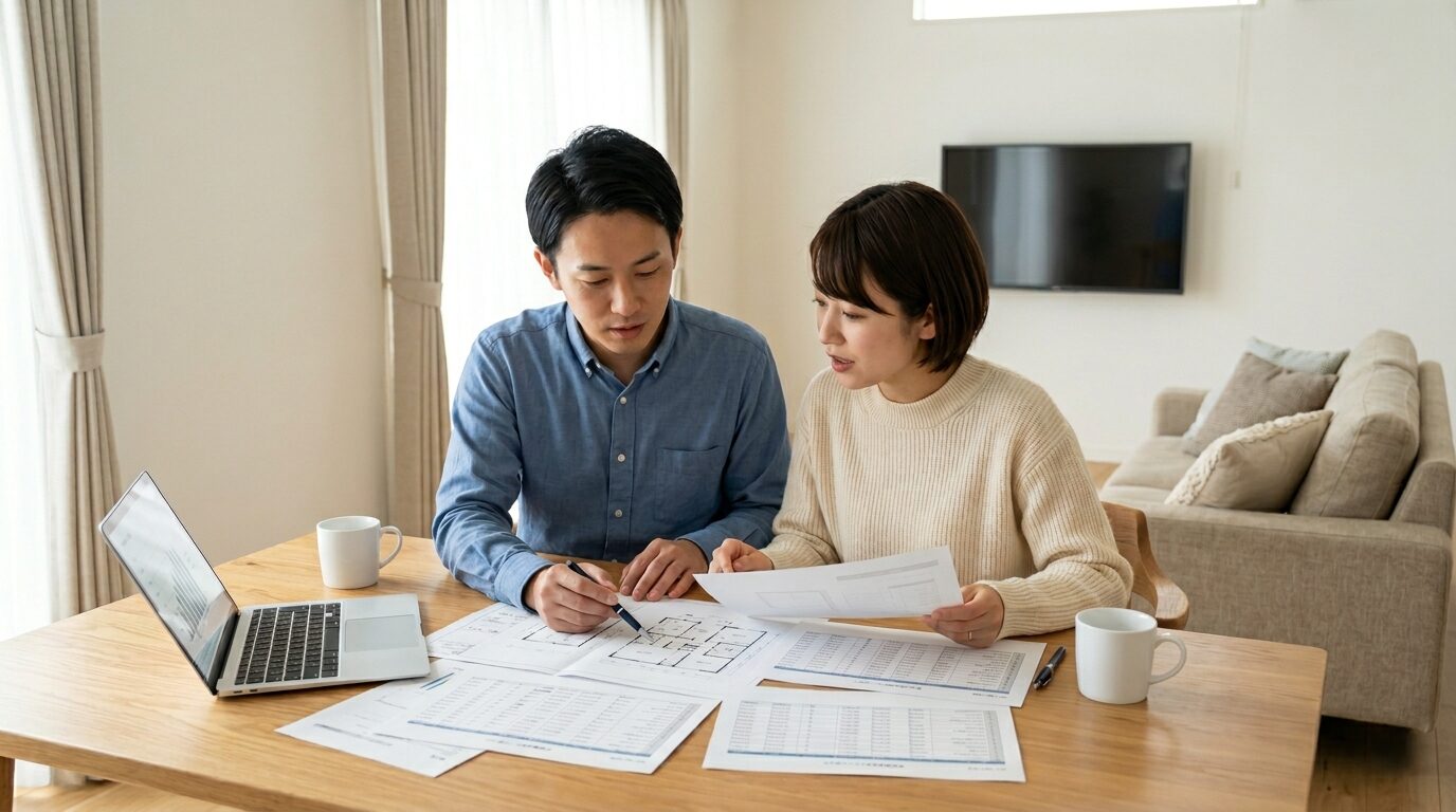リビングで建築図面や見積書を見ながら資金計画を相談する夫婦