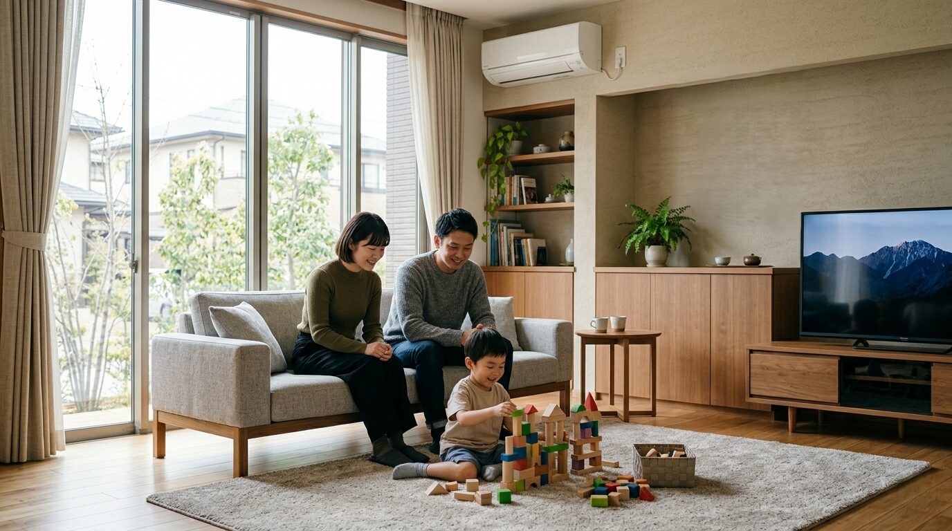 地震対策が施された安全なリビングで、床で遊ぶ子どもを温かく見守る夫婦の穏やかな日常