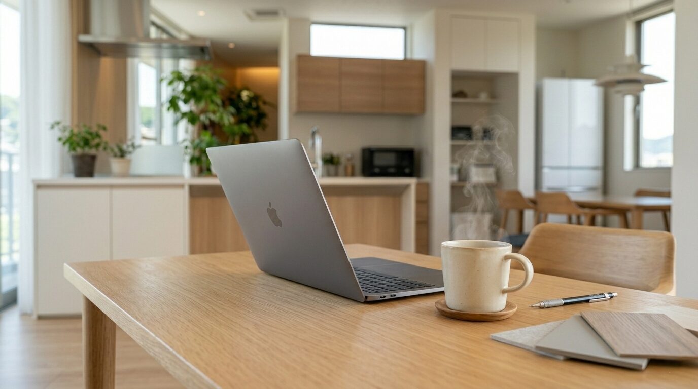 ダイニングテーブルでパソコンを使い、将来の安心のために地域の災害リスクを調べる様子