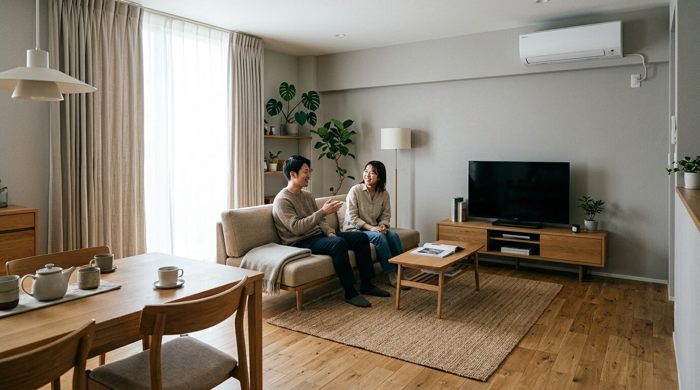 ダイニングから見たモダンで落ち着いたリビングの様子。ソファで談笑する夫婦が過ごす、地震対策が考慮された安全な住まい