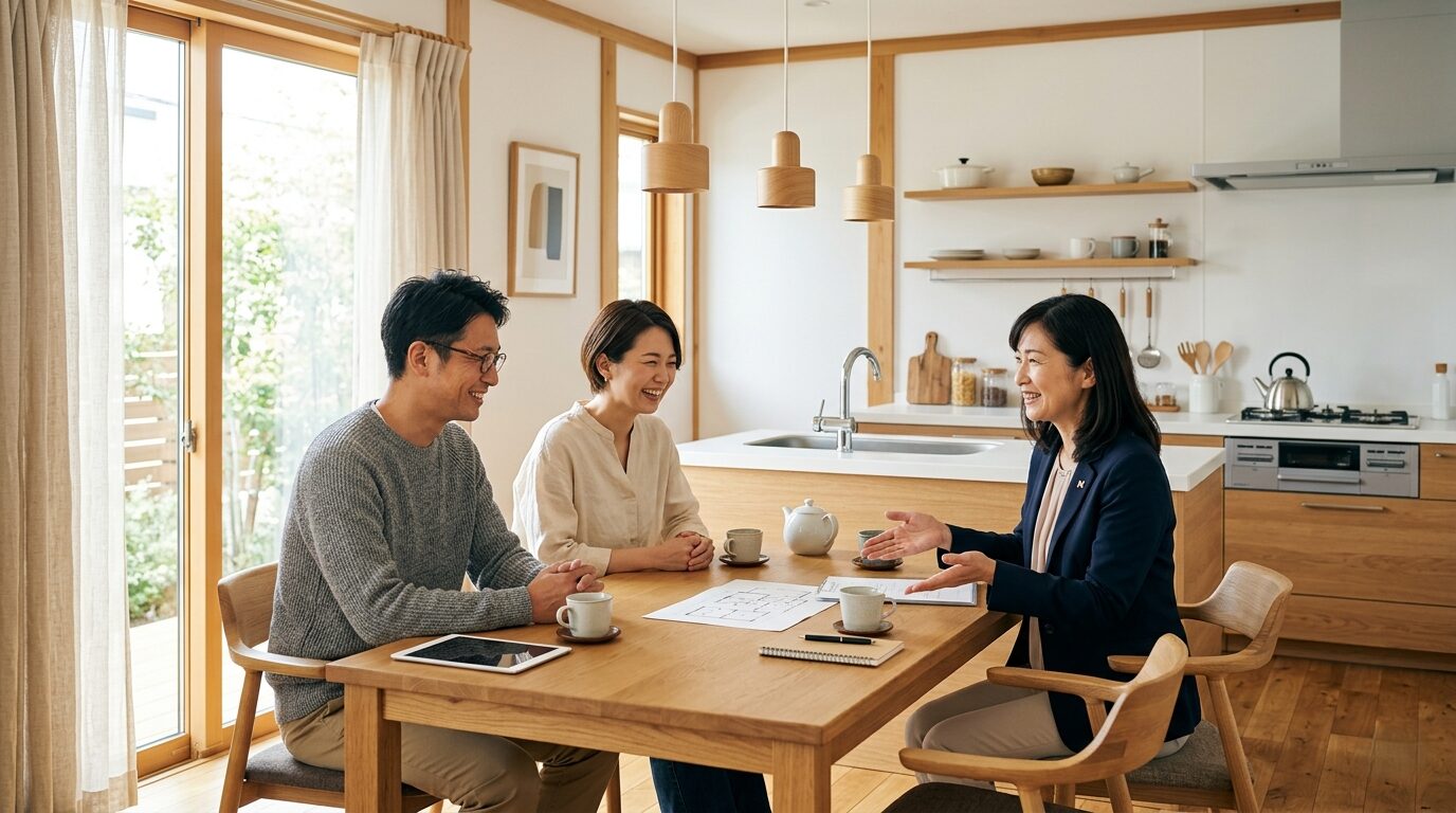 モデルハウスのダイニングテーブルで担当者に家づくりの相談をして安心する夫婦