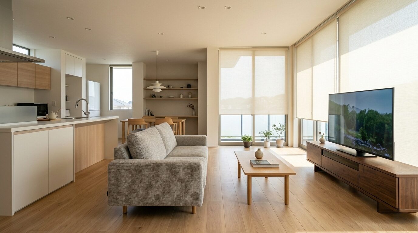 液状化対策を考慮し重量バランスを整えた、20畳の明るくモダンなリビングダイニング