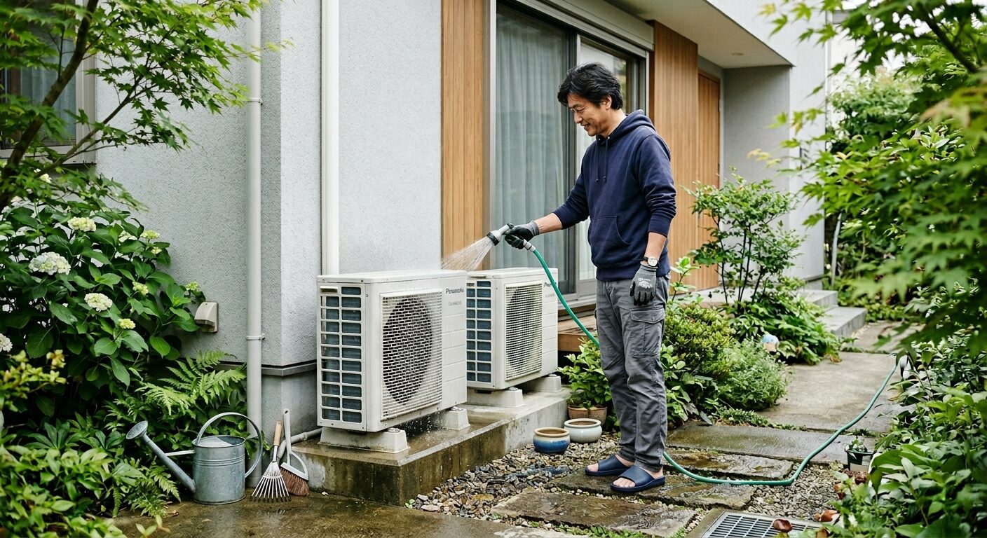 海沿いの住宅でエアコン室外機を水洗いする日常のメンテナンス風景