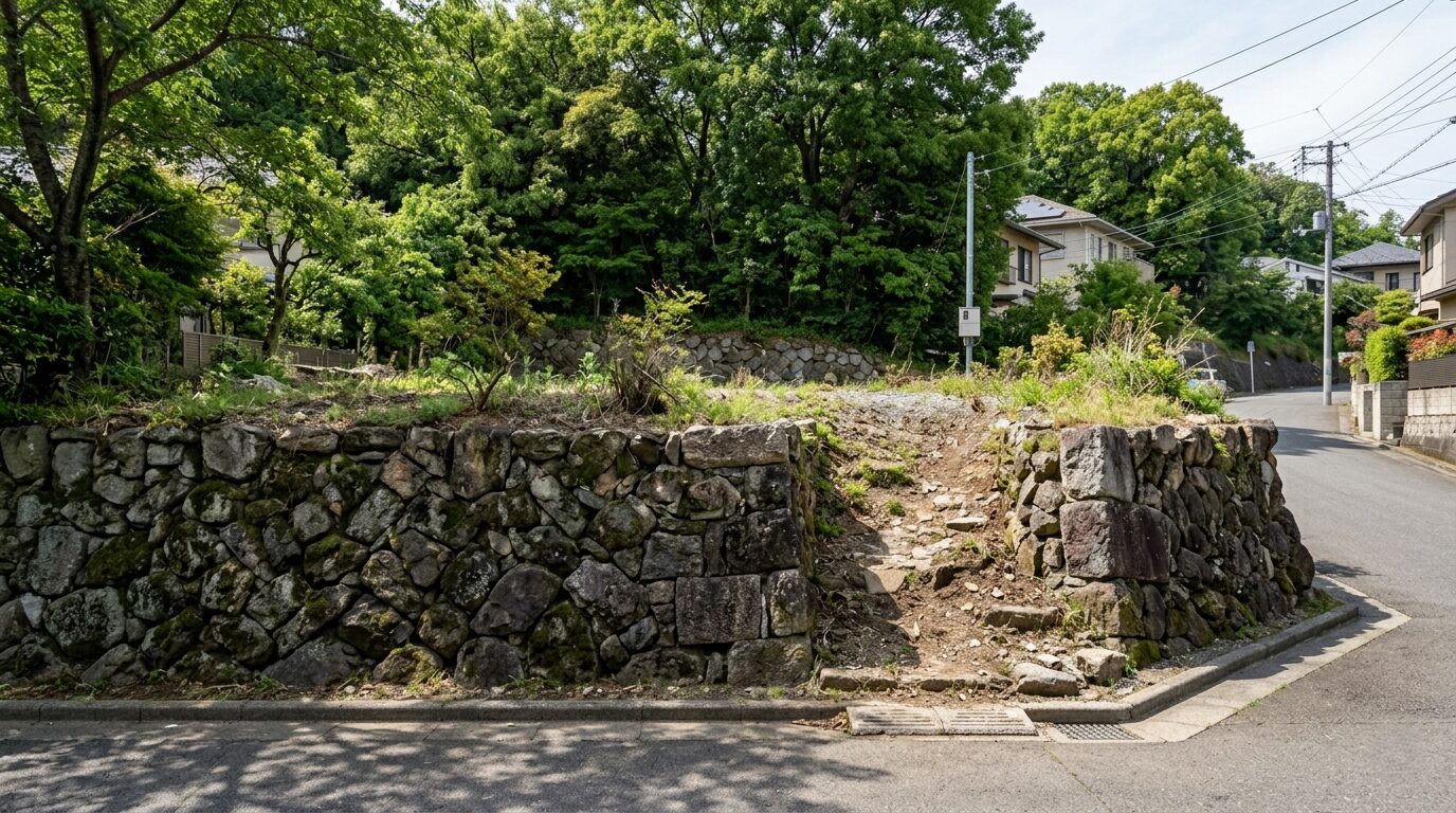 傾斜地に残る古い石積みの擁壁と造成が必要な建築予定地の様子