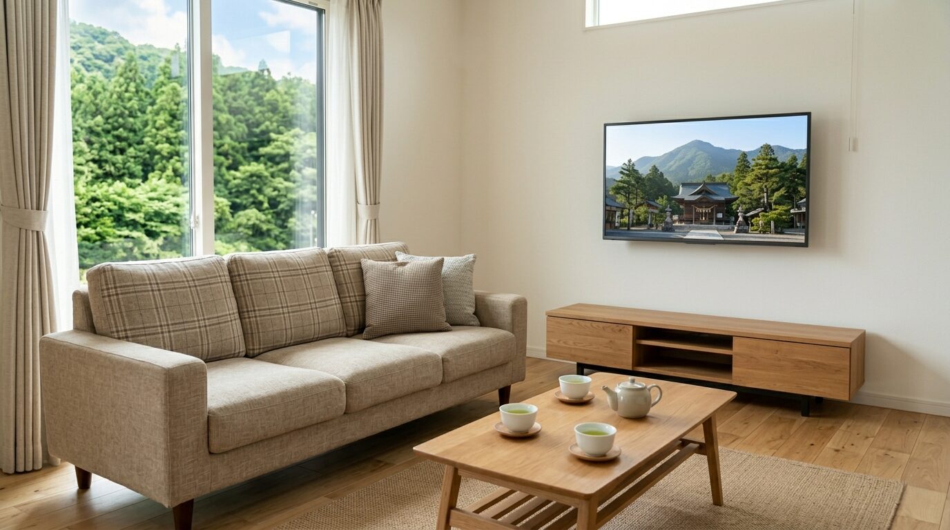 傾斜地の眺望を活かした開放的でプライバシーに配慮したリビング空間